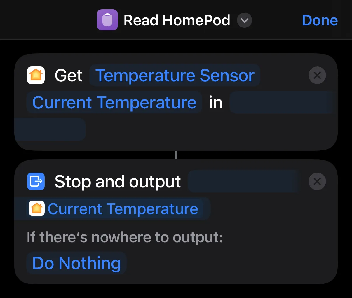 Our simple Shortcut. The nodes included—Get State and Stop and Output—are described below.